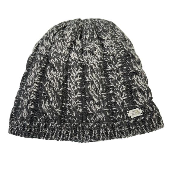 The North Face Knit Beanie Winter Hat Black White Grey Lined Ski Hat Chunky - Picture 1 of 7